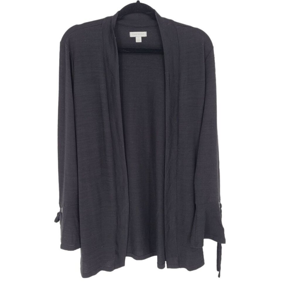 Charter Club womens large black open front long cardigan tie bell sleeve